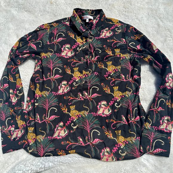 Jude Connally 1/4 Button Font Top Tropical Floral Leopard Small Long Sleeve - Picture 1 of 7